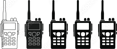 \Set of Five Walkie-Talkie Radio Silhouettes and Outlines for Wireless Communication IconsSet of Five Walkie-Talkie Radio Silhouettes and Outlines for Wireless Communication Icons