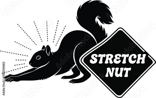 Black squirrel stretching next to sign diamond shaped sign