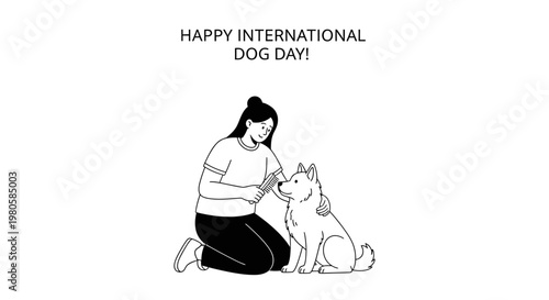 A young woman brushing her dog for International Dog Day.