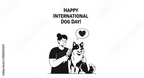 Illustration of a woman brushing her pet dog for International Dog Day.