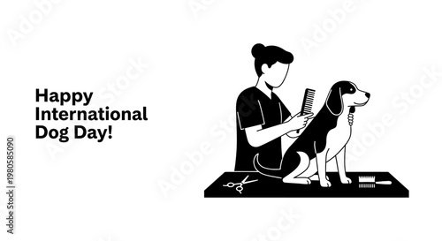 Professional Dog Groomer Brushing Hair of Cute Beagle Dog.