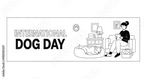 International Dog Day illustration with a woman and her sleeping dog at home.