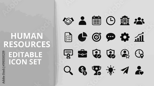 A comprehensive human resources icon set displays bold solid black symbols on a bright, minimalist background.