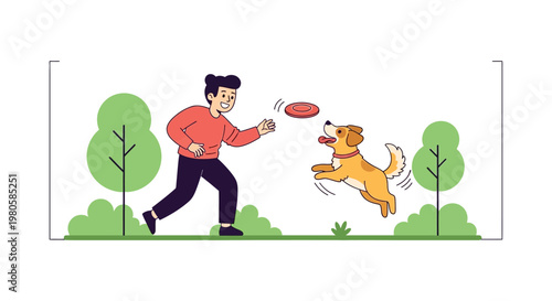 A young man playing fetch with his golden retriever dog in the park.