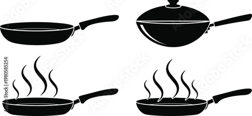Set of Four Black Frying Pan and Wok Silhouettes Featuring Steaming Hot Food IconsSet of Four Black Frying Pan and Wok Silhouettes Featuring Steaming Hot Food Icons