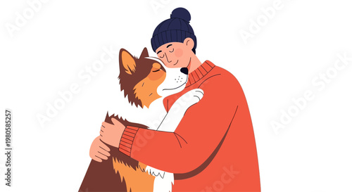A young woman affectionately hugging her beloved pet dog.