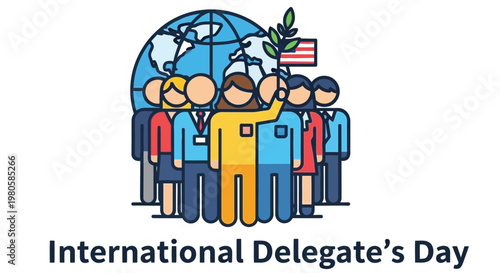 Diverse group of people stand together with a globe and american flag