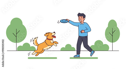 A young man playing with his dog using a flying disc in the park.