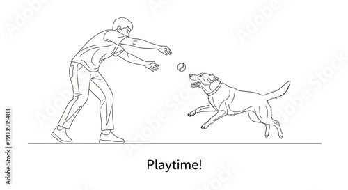 A man playing catch with his dog line art illustration.