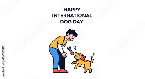 A young man playing with his cute yellow dog on International Dog Day.