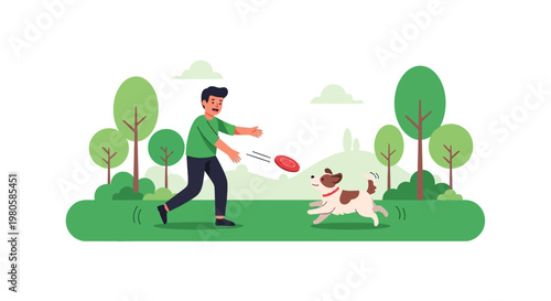 A happy man playing fetch with his cute dog in the park.