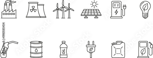 Vector Set Of Sustainable Energy Icons Featuring Wind Turbines Solar Panels Nuclear Power And Green Eco Fuel Symbols For Industrial Environmental And Renewable Resources