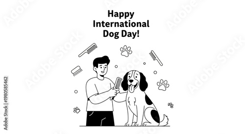 A young man grooming his happy dog for International Dog Day.