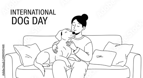A woman cuddling her dog on the sofa for International Dog Day.