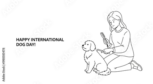 A line art illustration of a young woman grooming her pet dog.