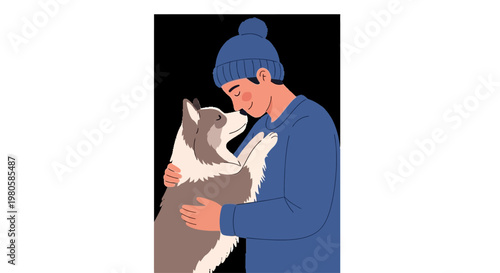 A young man wearing a beanie hat embracing his fluffy husky dog affectionately.