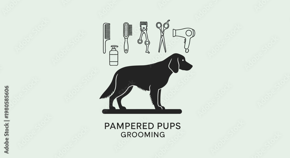 Fototapeta premium Dog grooming salon logo design with tools and silhouette.