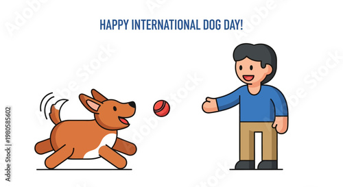 Cartoon illustration of a happy boy playing fetch with his cute brown dog.