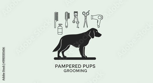 Dog grooming salon logo design with tools and silhouette.