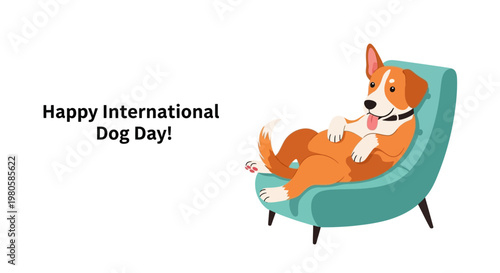 A cute brown and white dog sitting comfortably in a teal armchair.