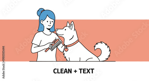 A young woman brushing the fur of her cute white pet dog.
