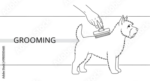 Black and white line art illustration of a dog being groomed by a human hand.