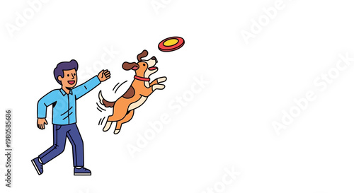 A young man throwing a flying disc for his energetic dog to catch.