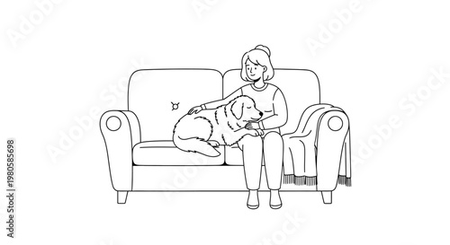 A line art illustration of a young woman relaxing on a sofa with her pet dog.
