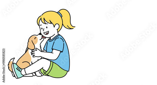 A cute cartoon illustration of a young girl hugging her small puppy dog.