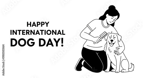 A woman grooming her happy dog for International Dog Day.