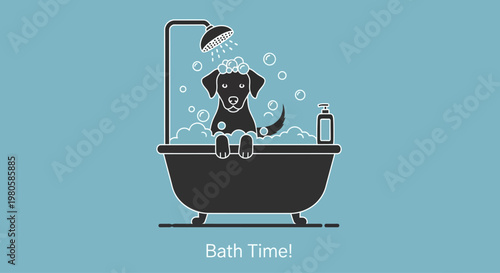 Black dog taking a bath in a bathtub with bubbles and shower head.