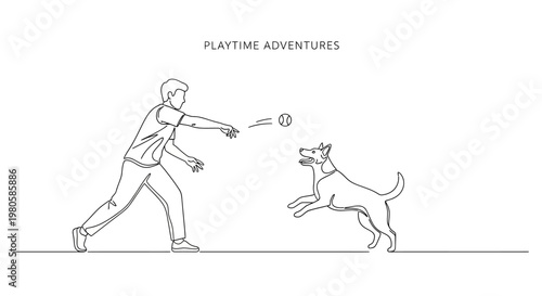 A man playing fetch with his dog in a minimalist line art style.