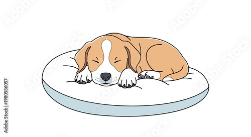 A cute cartoon beagle puppy sleeping peacefully on a soft round white pillow.