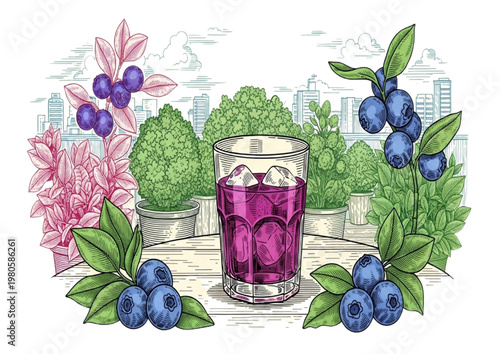 Fresh blueberries and a glass of juice on a table with plants and city skyline