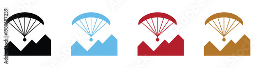 Four colorful paragliding parachutes soaring over mountain landscapes at sunset