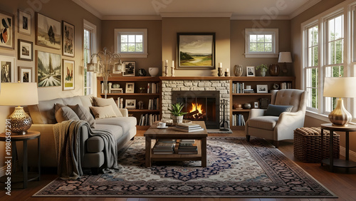 Cozy Living Room Interior Design with Fireplace and Books