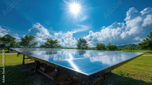 Gleaming Solar Panels Reflecting a Clear Blue Sky Under Bright Sunlight