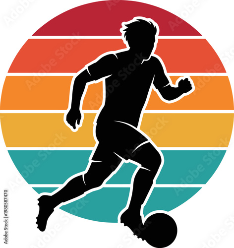 Silhouette soccer player dribbling the ball on retro sunset background