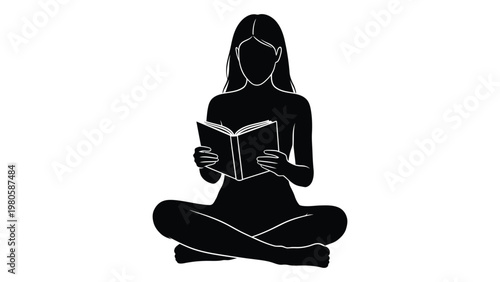 A silhouetted woman is peacefully seated engrossed in reading an open book with detailed pages