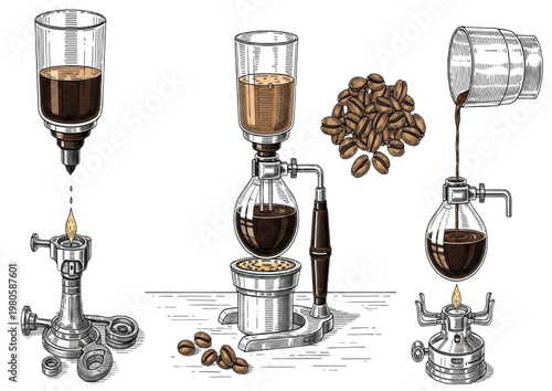Vintage coffee brewing methods illustration of siphon coffee makers and coffee beans