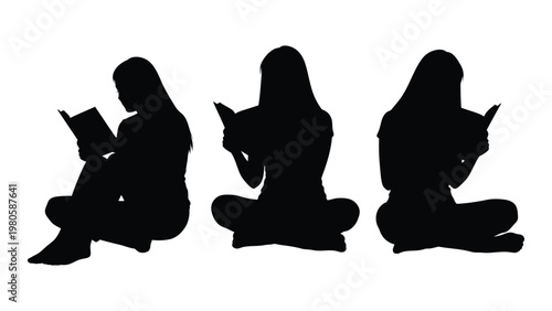 Three silhouetted figures are depicted reading books while seated in a relaxed cross legged position