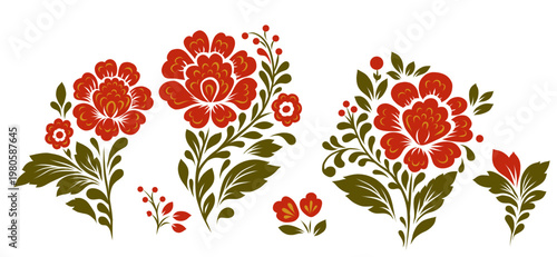 Vector set of decorative floral clip arts. Blossom ornamental collection. Collection of tracery red flowers isolated from background for invitation, postcard and digital crafting