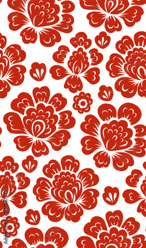 Vector seamless pattern red decorative flowers on white background. Floral folk art texture. Tracery background with poppies for wallpaper and wrapping