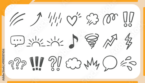 Large Collection of Hand Drawn Black Minimalist Doodles Featuring Rain, Sun, Hearts, Music Notes, Lightning and Decorative Comic Style Graphic Elements Vector Set