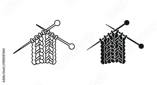 Knitting needles and woven fabric depicted in a stark black silhouette