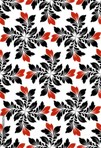 Vector seamless pattern of black and red leaves on a white background. Monochrome foliage texture. Nature decorative ornament for fabrics and wallpaper.