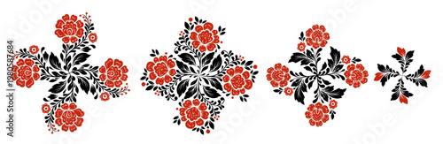 Vector set of decorative monochrome circular floral clip arts. Collection of black tracery leaves mandala with red flowers for invitation, postcard and digital crafting