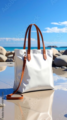 A white handbag on a wet surface by the sea