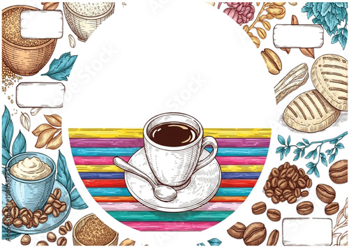 Warm coffee collection illustration featuring a central hot beverage, roasted beans, ground powder, and delicious snacks frame