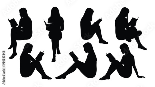 A collection of silhouetted figures intently reading books in relaxed seated positions